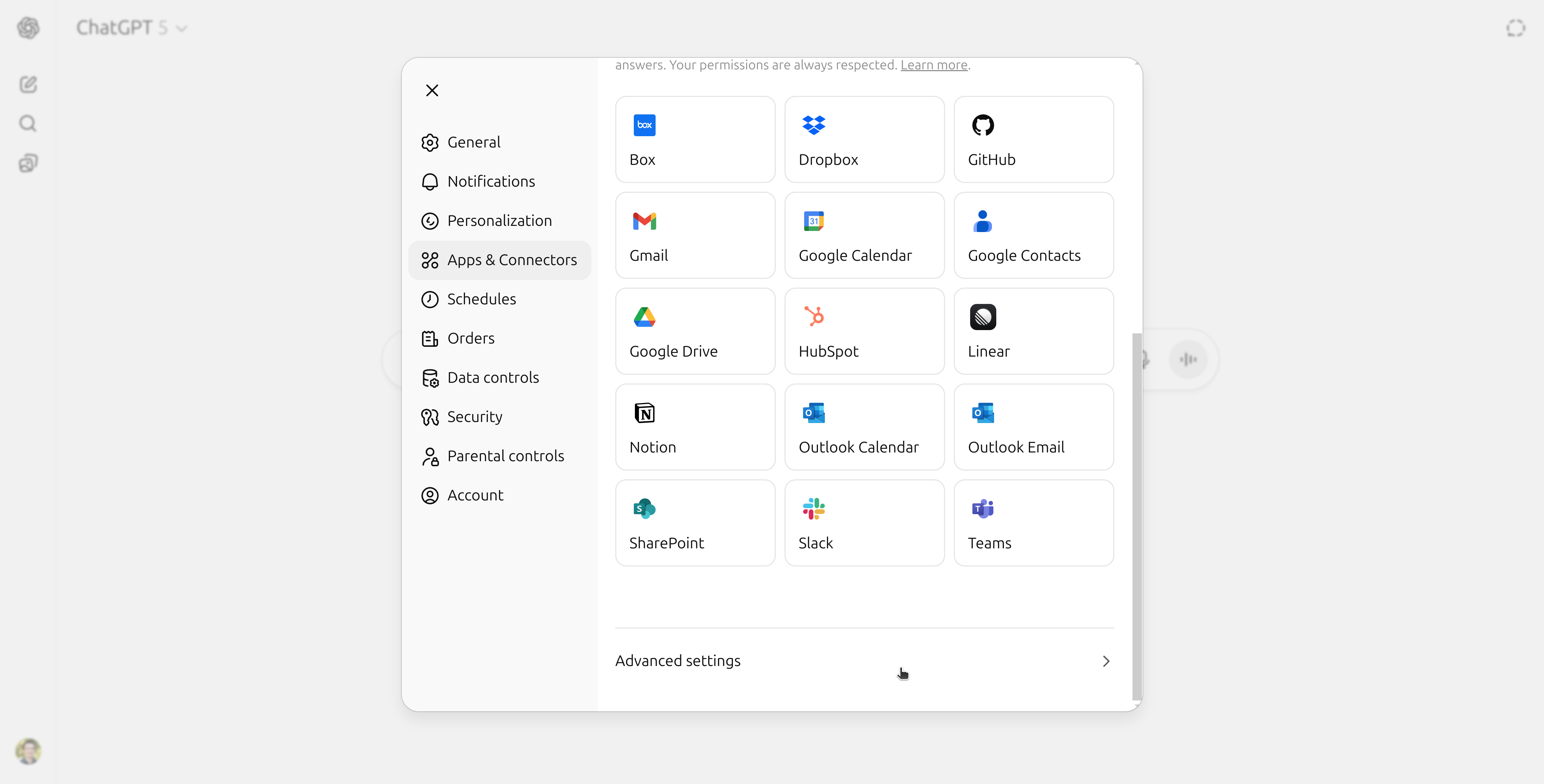 Apps & Connectors Section